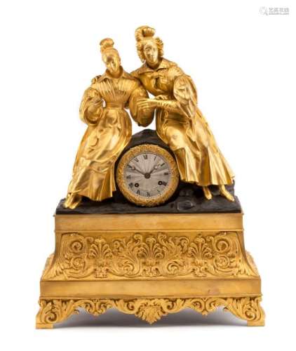 A Charles X Gilt Bronze Figural Clock Height 21 x width