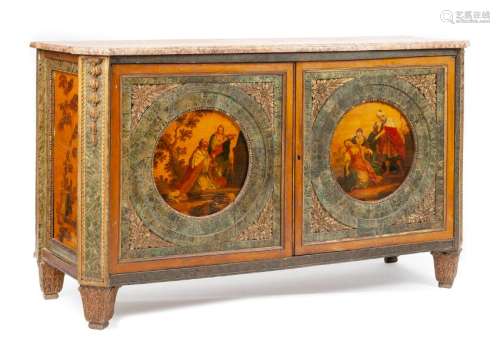 A Louis XVI Style Painted and Parcel Gilt Cabinet