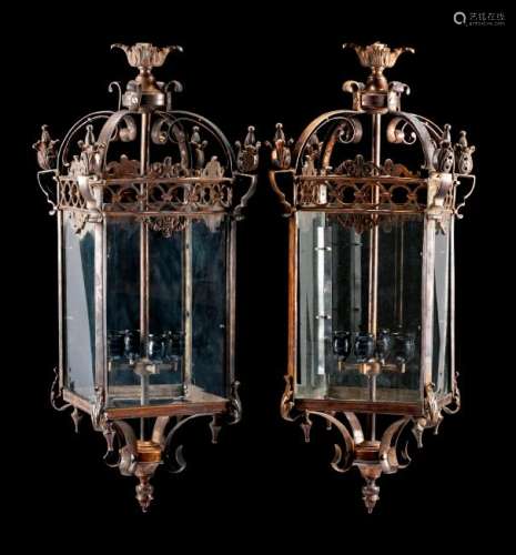 A Pair of Continental Patinated Metal Lanterns Height