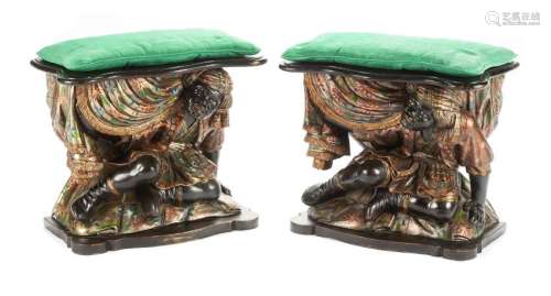 A Pair of Venetian Polychromed Figural Benches Height
