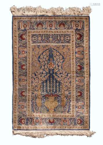 An Indo-Isfahan Silk Prayer Rug 4 feet 10 inches x 3