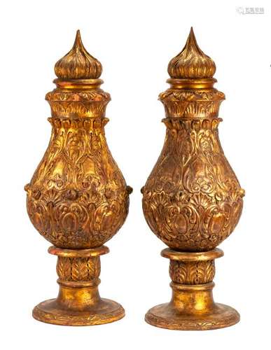 A Pair of Large Gilt Decorated Carved Wood Urns Height