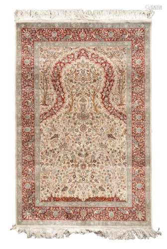 A Sino-Isfahan Silk and Wool Prayer Rug 6 feet 1 inch x