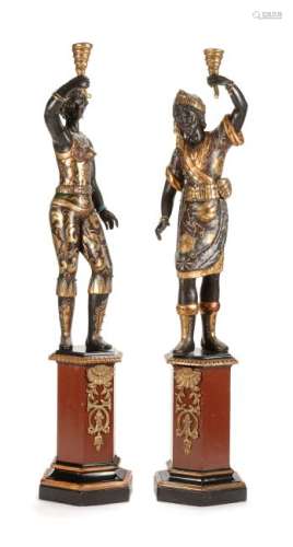 A Pair of Venetian Painted and Parcel Gilt Figural