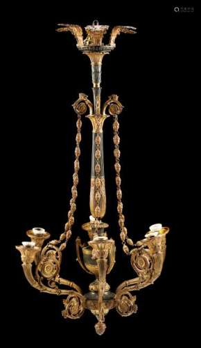 A Louis XVI Style Gilt Bronze and Tole Six-Light