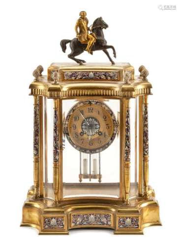 A Champleve Decorated Bronze Mantel Clock Height 17 1/2