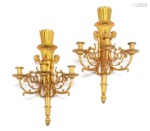 A Pair of Louis XVI Style Gilt Bronze Three-Light