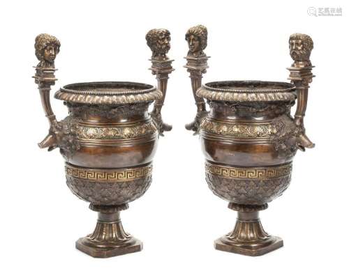 A Pair of Pompeian Style Patinated Bronze Urns Height
