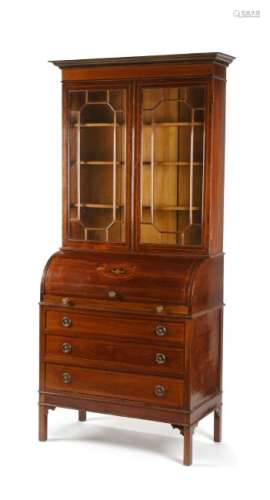 A George III Style Mahogany Cylinder Secretary Bookcase