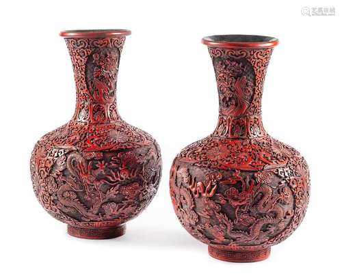 A Pair of Chinese Cinnabar Vases Height 19 inches.