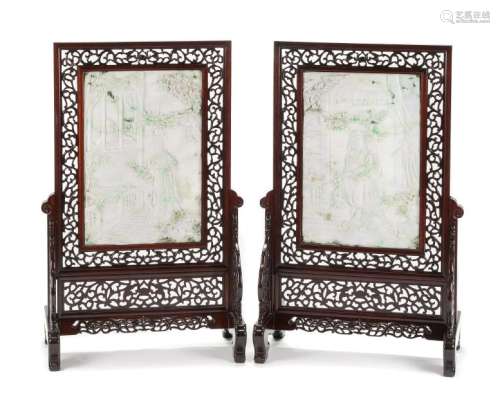 A Pair of Framed Burmese Jade Table Screens Height