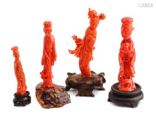 Four Chinese Carved Coral Figures Height of tallest 4