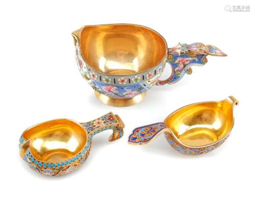 Three Russian Enameled Silver Kovshi, Various Makers,