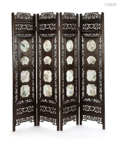 A Chinese Porcelain Inset Four-Panel Screen Height 72 x
