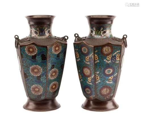 A Pair of Chinese Cloisonne Vases Height 15 1/2 inches.