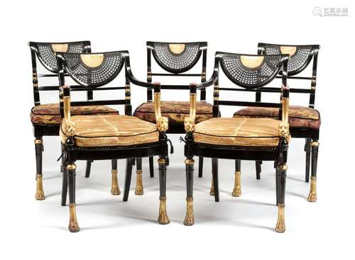 A Set of Twelve Regency Style Ebonized and Parcel Gilt