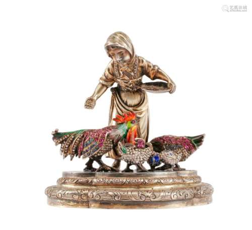 A Continental Ruby Mounted Silver and Enamel Figure, ,