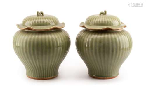 A Pair of Chinese Celadon Covered Vases Height 14