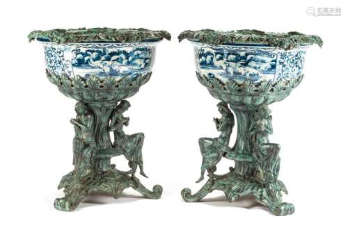 A Pair of Cast Metal Mounted Chinese Porcelain