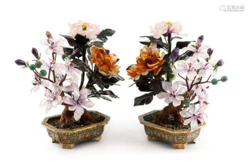 A Pair of Chinese Hardstone Floral Arrangements Height