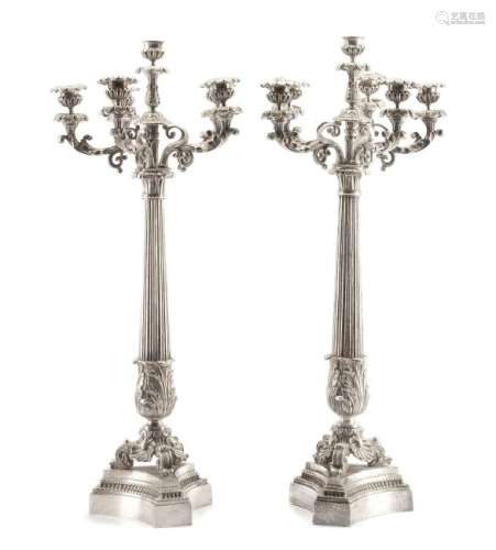A Pair of French Silvered Bronze Six-Light Candelabra,
