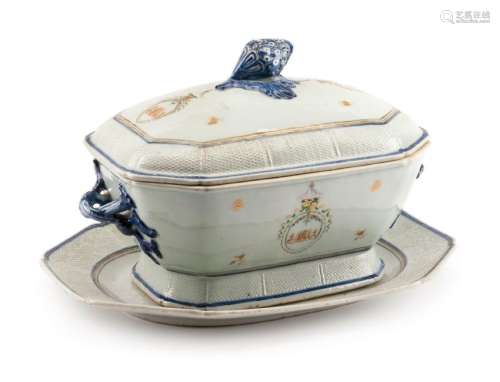 A Chinese Export Porcelain Armorial Covered Tureen on