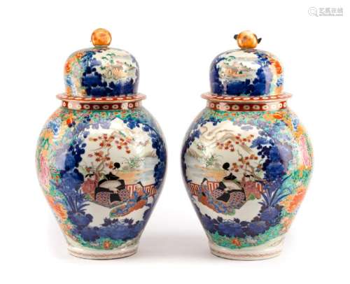 A Pair of Japanese Kutani Porcelain Covered Jars Height