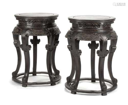 A Pair of Chinese Carved Wood Pedestal Tables Height 33