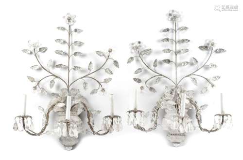 A Pair of Silvered Metal and Rock Crystal Three-Light