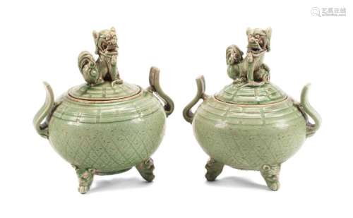 A Pair of Chinese Celadon Porcelain Covered Censers