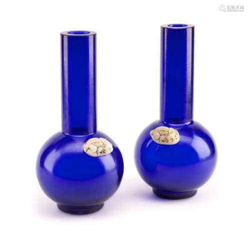 A Pair of Cobalt Blue Chinese Peking Glass Vases Height