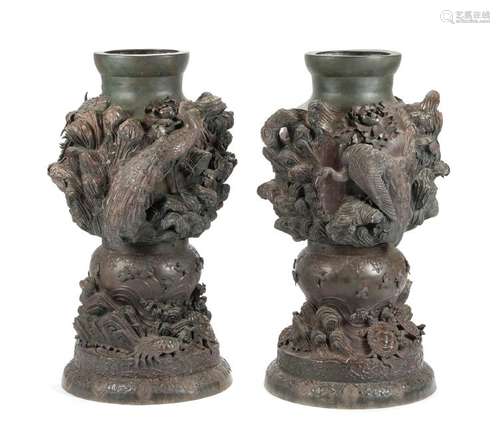 A Pair of Japanese Bronze Urns Height 40 inches.