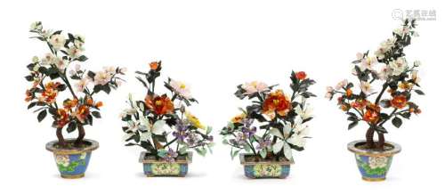 Two Pairs of Chinese Hardstone Floral Arrangements
