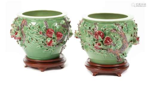 A Pair of Chinese Celadon Porcelain Jardinieres Height