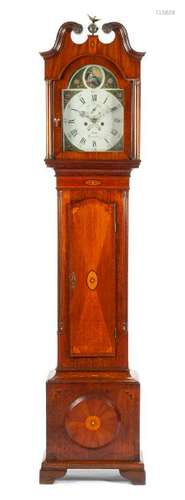 An English Inlaid Oak Tall Case Clock Height 89 x width