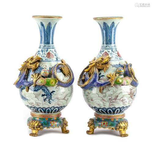 A Pair of Chinese Cloisonne Mounted Porcelain Vases