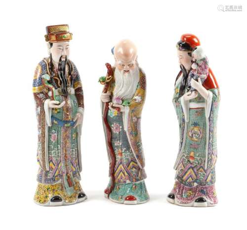 Three Chinese Enameled Porcelain Figures Height of