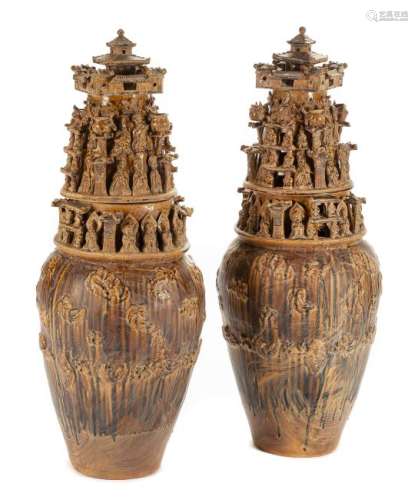 A Pair of Chinese Terra Cotta Covered Urns Height 44 x