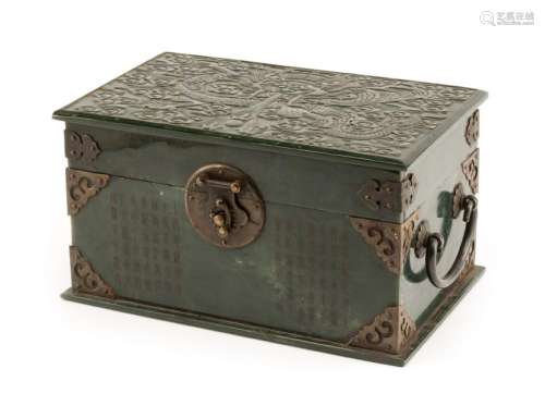 A Chinese Carved Spinach Jade Box Height 5 x width 8