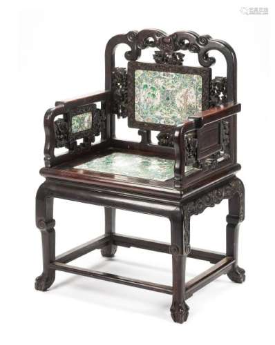 A Chinese Porcelain Inset Hardwood Armchair Height 39