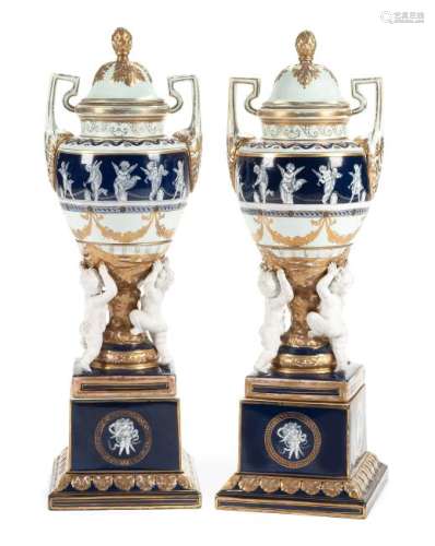 A Pair of Minton Style Porcelain and Bisque Covered