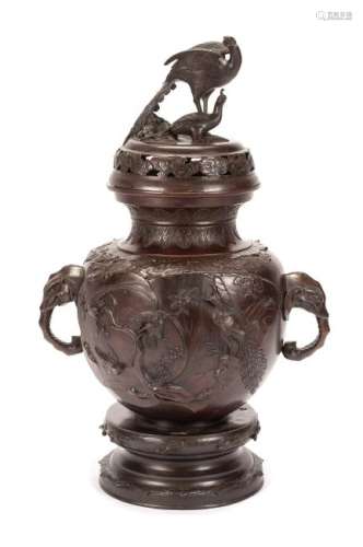 A Japanese Bronze Covered Censer Height 39 x width 25