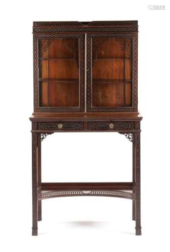 A Chinese Chippendale Style Mahogany Vitrine on Stand