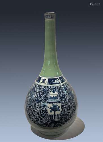 Celadon Blue & White Porcelain 'Bird and Bat' Vase