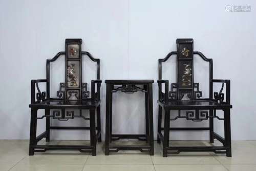 Set Of Zitan Wood Two Chairs And Table With Stone Inlay