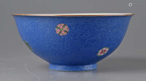 O-7 十锦蓝釉粉彩碗大清乾隆年制 高8.5宽19.5