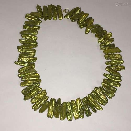 Green Colored Pearl Necklace With 14k Gold Clasp