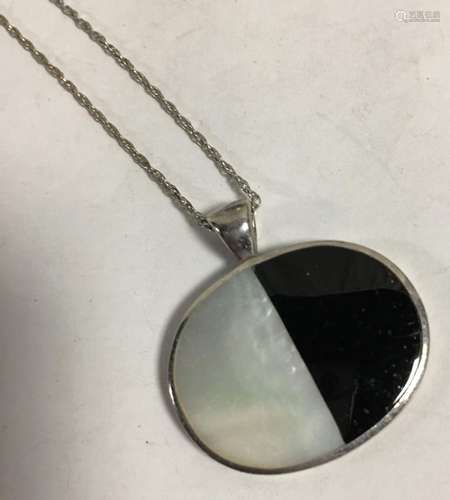 Sterling Necklace, Mother Of Pearl & Onyx Pendant