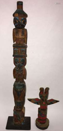 Two Wood Carved & Painted Totem Poles