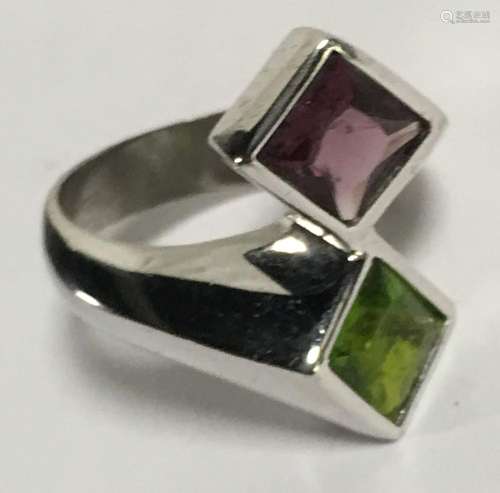 Sterling Silver Ring With Green & Purple Stones